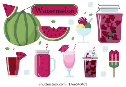 Set of vector illustrations of watermelon and food from it. Watermelon smoothie, cocktail, ice cream on a stick, ice cream balls, alcoholic cocktail, milkshake. A set of images for world watermelon