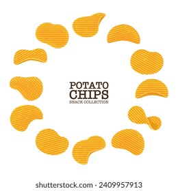 Conjunto de ilustraciones vectoriales de patatas fritas crujientes onduladas. dispuestas en círculo aperitivos separados Comida chatarra o bocadillos de fiesta rápida aislados en un fondo blanco de dibujos animados.