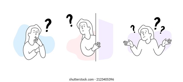 Conjunto de ilustraciones vectoriales para diseño web y aplicación. Una mujer hace una pregunta, no sabe la respuesta, necesita ayuda. Caricatura de Doodle. 