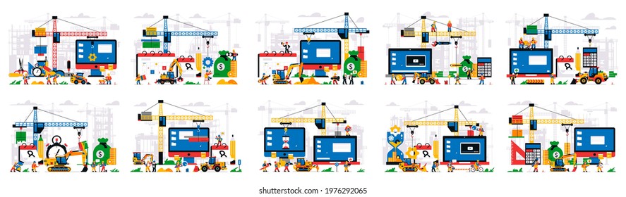 Set of vector illustrations, website under construction. Error page, page maintenance. Website construction site, equipment, appliances, crane, workers, computer, money, calendar. Vector illustration.