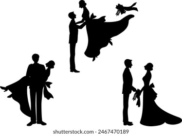 Set of vector illustrations of wedding bride and groom in silhouette