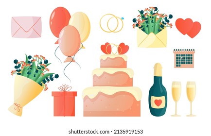 Set vector illustrations for wedding ceremony in simple cute style. Glasses with bottle of champagne, an important date calendar, rings, 3 tiers of cake, balloons, envelopes, bouquet of flowers, gift.