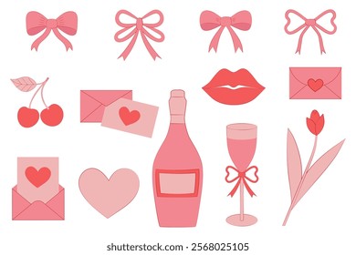 Set of vector illustrations for weddings, anniversaries and Valentine's Day. Collection of elegant elements for the design of cards, invitations, posters, banners.