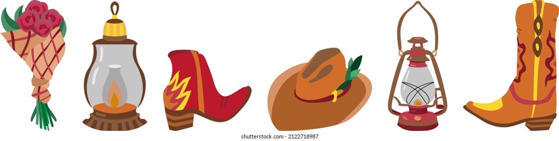 Set of vector illustrations in western style.Isolated cowboy hat,boots,vintage lanterns and bouquet of flowers.Country design,old wild west barn elements.Bright items for prints,stickers,decoration