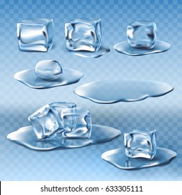 Set of vector illustrations of wet melting ice cubes and water puddles in realistic style
