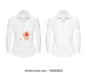 Set of vector illustrations of a white shirt with a red stain from ketchup, blood and clean, before and after a dry cleaning isolated on a white background. Print, template, design element