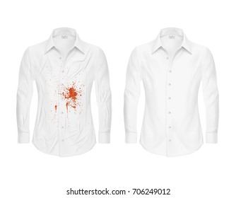 Set Of Vector Illustrations Of A White Shirt With A Red Stain From Ketchup, Blood And Clean ,wrinkled And Ironed Shirts Before And After A Dry Cleaning Isolated On A White Background.