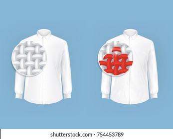 Set of vector illustrations of white shirts with magnifying glass for viewing fibers, fabric threads isolated in realistic style. White man shirt with red spot before and after dry cleaning. Set of vector illustrations of white shirts with magnifying glass for viewing fibers, fabric threads isolated in realistic style. White man shirt with red spot before and after dry cleaning.
