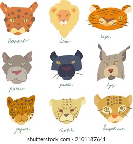 Set of vector illustrations of wild cats muzzles. Tiger, lion, leopard, puma, panther, lynx, jaguar, bengal cat.