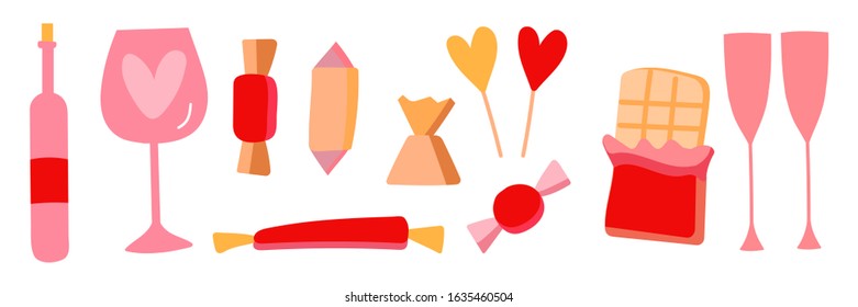 Set of vector illustrations of wine, champagne, glasses, sweet candies, chocolate. Flat icons in cute style hand-drawn. Collection of chocolates and alcohol isolated on white.