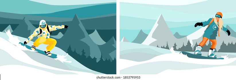 Conjunto de ilustraciones vectoriales fondo invierno, afiche, postal, sitio web. Avanzadas fronteras de nieve hombre y mujer deslizan la montaña cuesta abajo.