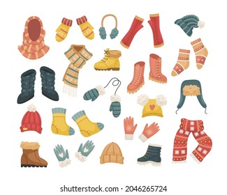 A set of vector illustrations of winter hats. Hat, snood, headphones, gloves, mittens, blowjobs.