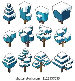 Set vector illustrations of Winter tree in  minimal isometric design. ( Isolated  on background)