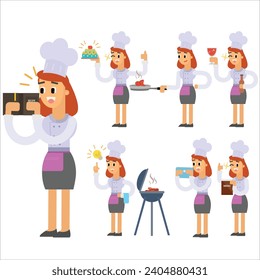 Set of vector illustrations of a woman in a chef's hat.