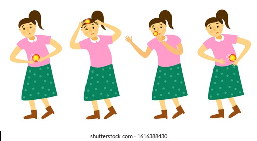 Set of vector illustrations. A woman experiences different types of pain. Headache, backache, abdominal pain, toothache. Chondrosis of the spinal cord. Gastritis. Migraine. Vector illustration.
