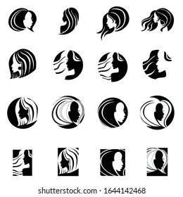 Set of vector Illustrations of woman with long hair. Beauty logo. Hair styling