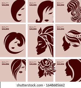 Set of vector Illustrations of woman with long hair. Beauty logo. Hair styling
