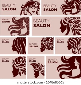 Set of vector Illustrations of woman with long hair. Beauty logo. Hair styling