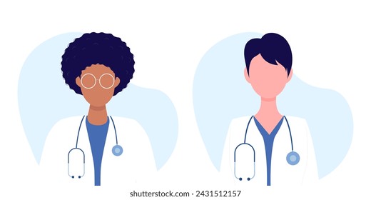 Set of vector illustrations of a woman and a man doctor. Family doctors. Health care concept.	
