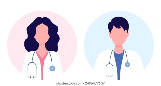 Set of vector illustrations of a woman and a man doctor. Family doctors. Health care concept. Vector illustration. Flat cartoon style.