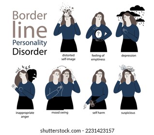 Set of vector illustrations of a woman suffering from mental borderline personality disorder. Mood swings, obsessive thoughts, psychosis. Illustration concept dissociation, derealization, depression