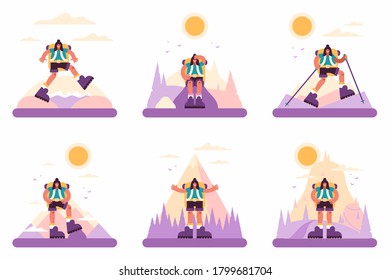 Conjunto de ilustraciones vectoriales de mujeres con mochilas que viajan por las montañas y exploran el campo el fin de semana de verano en la naturaleza