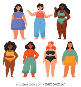 Conjunto de ilustraciones vectoriales de las mujeres. Curva mujeres con ropa diferente. Cuerpo positivo. Hermosas jovencitas.