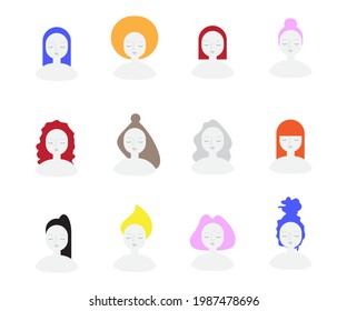 Set Of Vector Illustrations Of Women With Different Hair Types. Collection For Stylists And Designers, Which Can Be Used In Social Media And Web Ads.