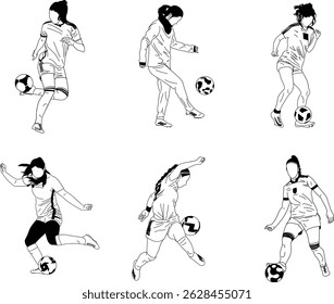 Conjunto de ilustrações vetoriais de jogadoras de futebol feminino em várias poses de ação, retratando movimentos dinâmicos como driblar, chutar, passar e controle de bola. Estilo minimalista em preto-e-branco