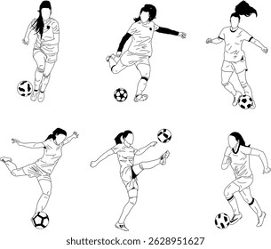 Conjunto de ilustrações vetoriais de jogadoras de futebol feminino em várias poses de ação, retratando movimentos dinâmicos como driblar, chutar, passar e controle de bola. Estilo minimalista em preto-e-branco