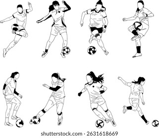 Set of vector illustrations of women football players in various action poses, depicting dynamic movements such as dribbling, kicking, passing, and ball control. Minimalist black-and-white style