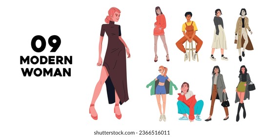 Set of vector illustrations of women in modern clothes on isolated background, bright colors easy to modify.