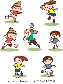Conjunto de ilustraciones vectoriales de mujeres jugando fútbol