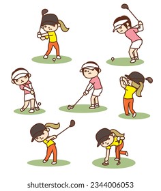 Set of vector illustrations of women playing golf