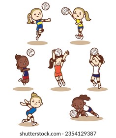 Set of vector illustrations of women playing volleyball