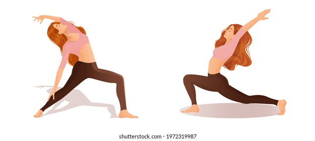 Set of vector illustrations of womens workout. A young red haired girl is engaged in yoga, dance, aerobics, fitness. Collection of female movements and poses on a white background.