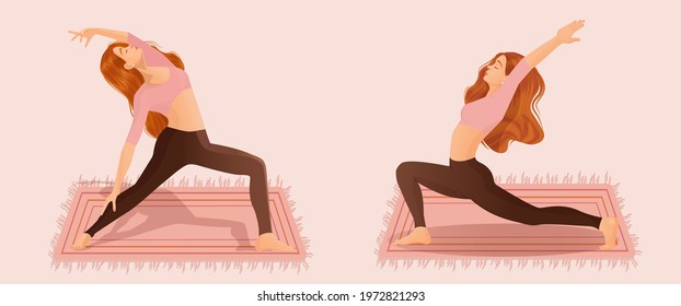 Set of vector illustrations of womens workout. A young red haired girl is engaged in yoga, dance, aerobics, fitness. Collection of female movements and poses on a pink background.