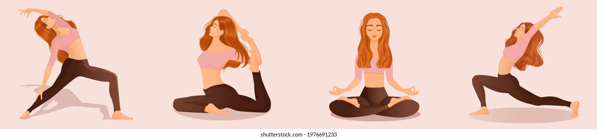 Set of vector illustrations of womens workout. A young red-haired girl is engaged in yoga, dance, aerobics, fitness. Collection of female movements and poses on a pink background.