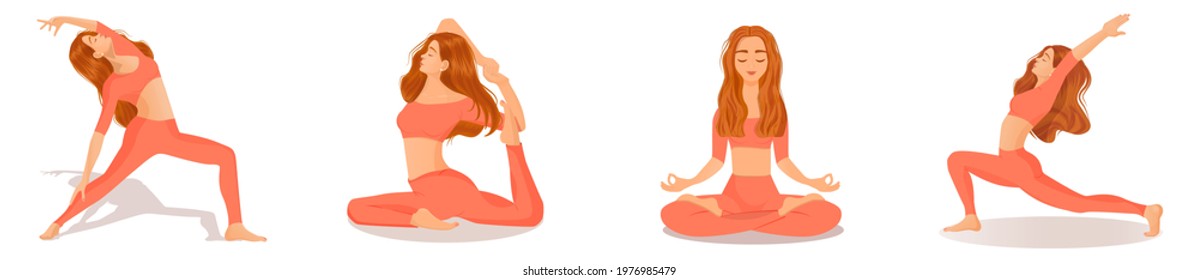 Set of vector illustrations of womens workout. A young red haired girl is engaged in yoga, dance, aerobics, fitness. Collection of female movements and poses on a white background.