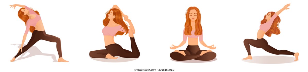 Set of vector illustrations of womens workout. A young red-haired girl is engaged in yoga, dance, aerobics, fitness. Collection of female movements and poses on a white background