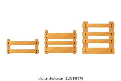 Conjunto de ilustraciones vectoriales de una caja vegetal de madera con agujeros. Caja de frutas delante. Yakka aislado de fondo blanco. Caja para almacenar y transportar alimentos. Elemento de diseño de la caja de dibujos animados planos