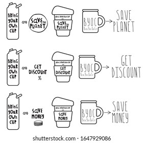 Set of Vector illustrations. Words bring your own cup and save planet, save money, get discount. Cup, mug, for coffee, tea. For printing on cafes, t-shirts. Black and white.

