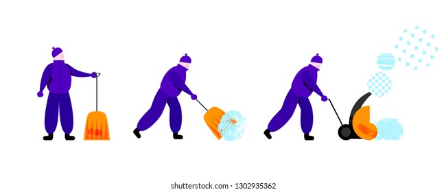 Set of vector illustrations of worker in warm clothes using shovel and modern machine to remove snow in cartoon flat style