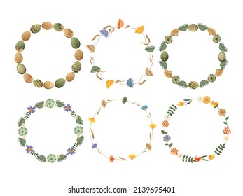 Set of vector illustrations, wreaths of flowers and plants, the theme of easter, spring and summer.