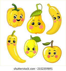 A set of vector illustrations of yellow fruits and vegetables isolated on a white background. Drawn cute cartoon characters. Hot chili pepper, bell pepper, pear, banana, lemon, apple,