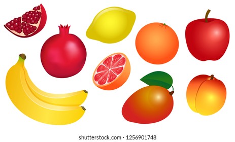 Set of vector illustrations of yellow red orange fruits. Set consisting of pomegranate, banana, lemon, Apple, mango, peach, grapefruit isolated on white background.