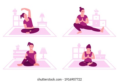 Set of vector illustrations of yoga at home. Woman practicing yoga in the interior of the room. Illustration in flat cartoon style.