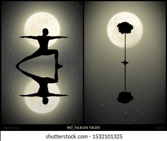 Set of vector illustrations with yoga in park on moonlit night. Yogi in pose of warrior. Lonely tree reflected in water. Full moon in starry sky