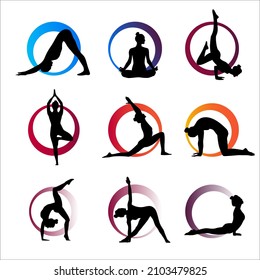 Set of vector illustrations. Yoga poses. Women do exercises and stretching. 