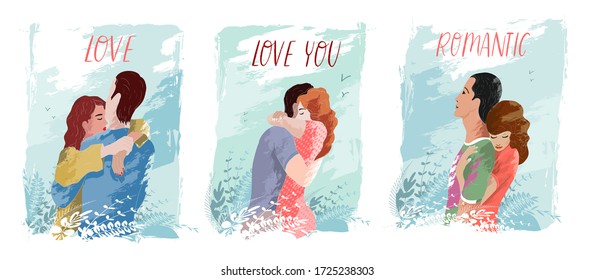 A set of vector illustrations. A young couple in love hugging. Clouds and plants in the background.